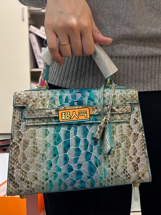 Handbags - Ombré Teal Genuine Python Snake Top Custom Bag H mini Kelly 20 II GHW handmade